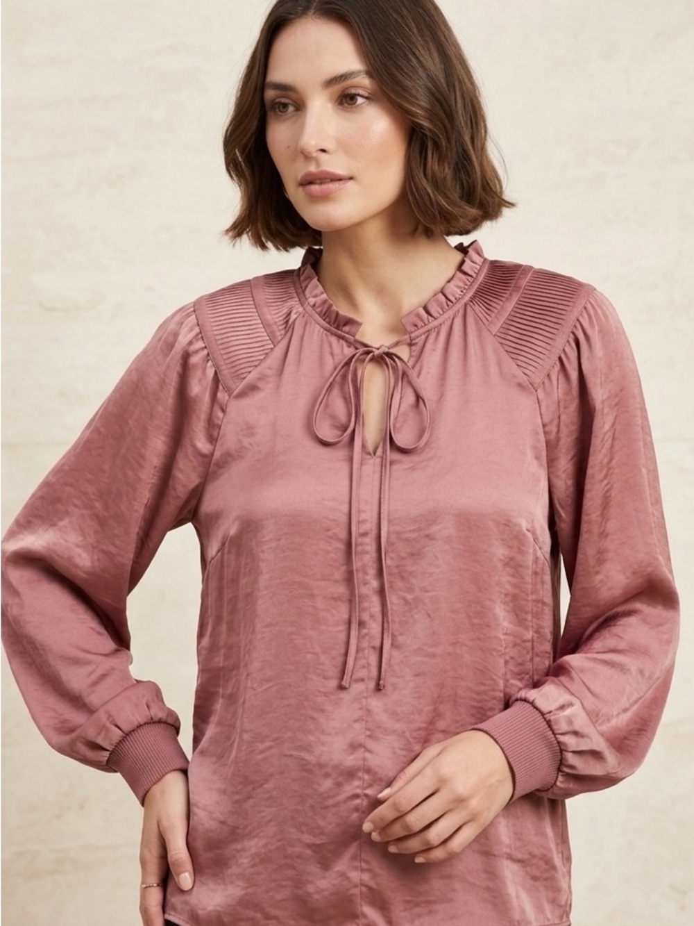 Philosophy Dusty Rose Tie-Neck Satin Blouse